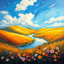 A vibrant and expressive painting that captures the beauty of a serene landscape, featuring rolling hills bathed in warm golden sunlight, a gently flowing river reflecting the sky's colors, and a cluster of colorful wildflowers in the foreground