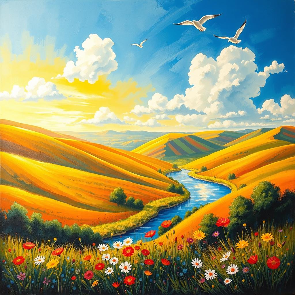 A vibrant and expressive painting that captures the beauty of a serene landscape, featuring rolling hills bathed in warm golden sunlight, a gently flowing river reflecting the sky's colors, and a cluster of colorful wildflowers in the foreground