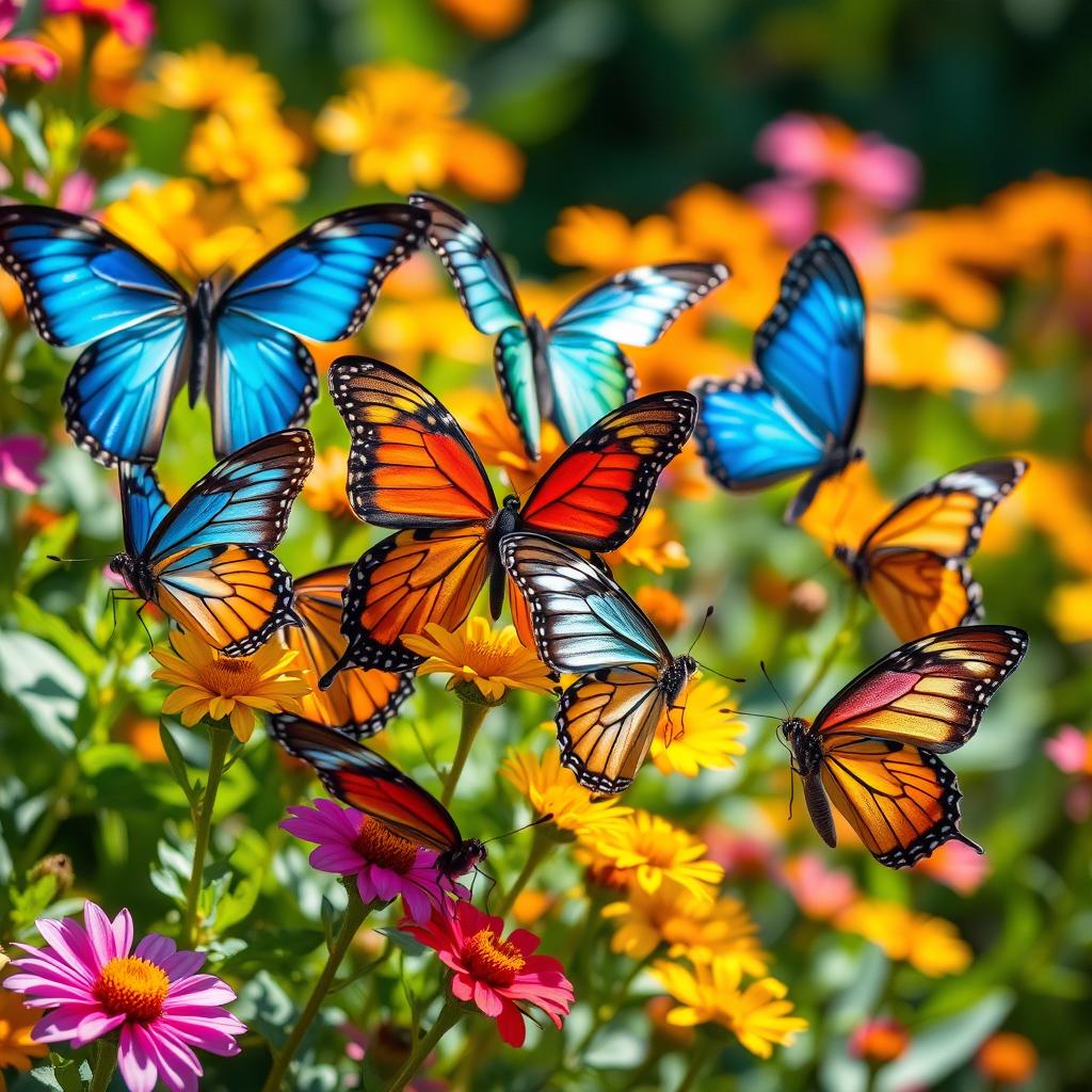 A stunning, vibrant collection of various butterflies in their natural habitat, showcasing a kaleidoscope of colors including iridescent blues, yellows, oranges, and reds