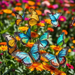 A stunning, vibrant collection of various butterflies in their natural habitat, showcasing a kaleidoscope of colors including iridescent blues, yellows, oranges, and reds