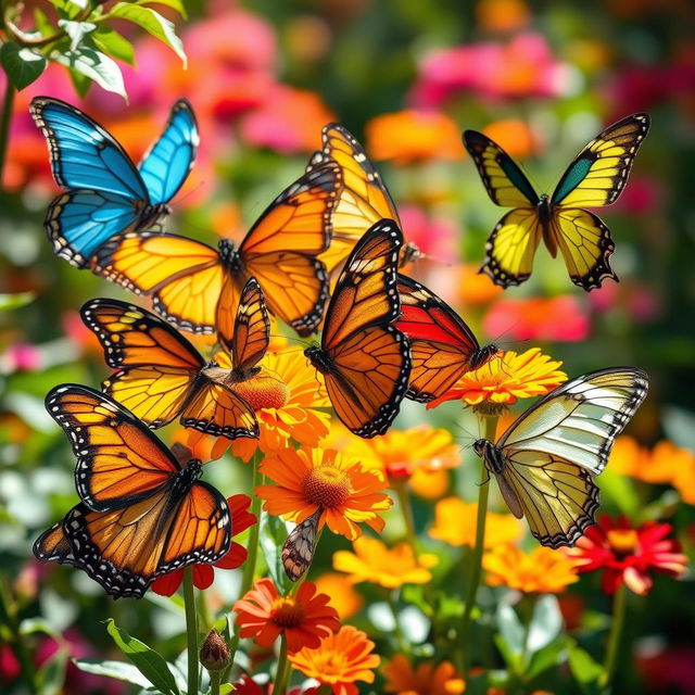 A stunning, vibrant collection of various butterflies in their natural habitat, showcasing a kaleidoscope of colors including iridescent blues, yellows, oranges, and reds