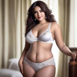 An image of a voluptuous woman dressed in elegant white lingerie