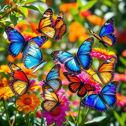 A stunning, vibrant collection of various butterflies in their natural habitat, showcasing a kaleidoscope of colors including iridescent blues, yellows, oranges, and reds