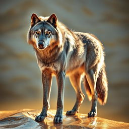 A majestic gray wolf standing proudly on a shimmering surface of gold, showcasing its muscular build and expressive features