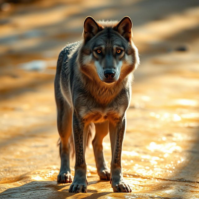 A majestic gray wolf standing proudly on a shimmering surface of gold, showcasing its muscular build and expressive features