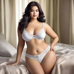 An image of a voluptuous woman dressed in elegant white lingerie