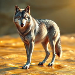 A majestic gray wolf standing proudly on a shimmering surface of gold, showcasing its muscular build and expressive features