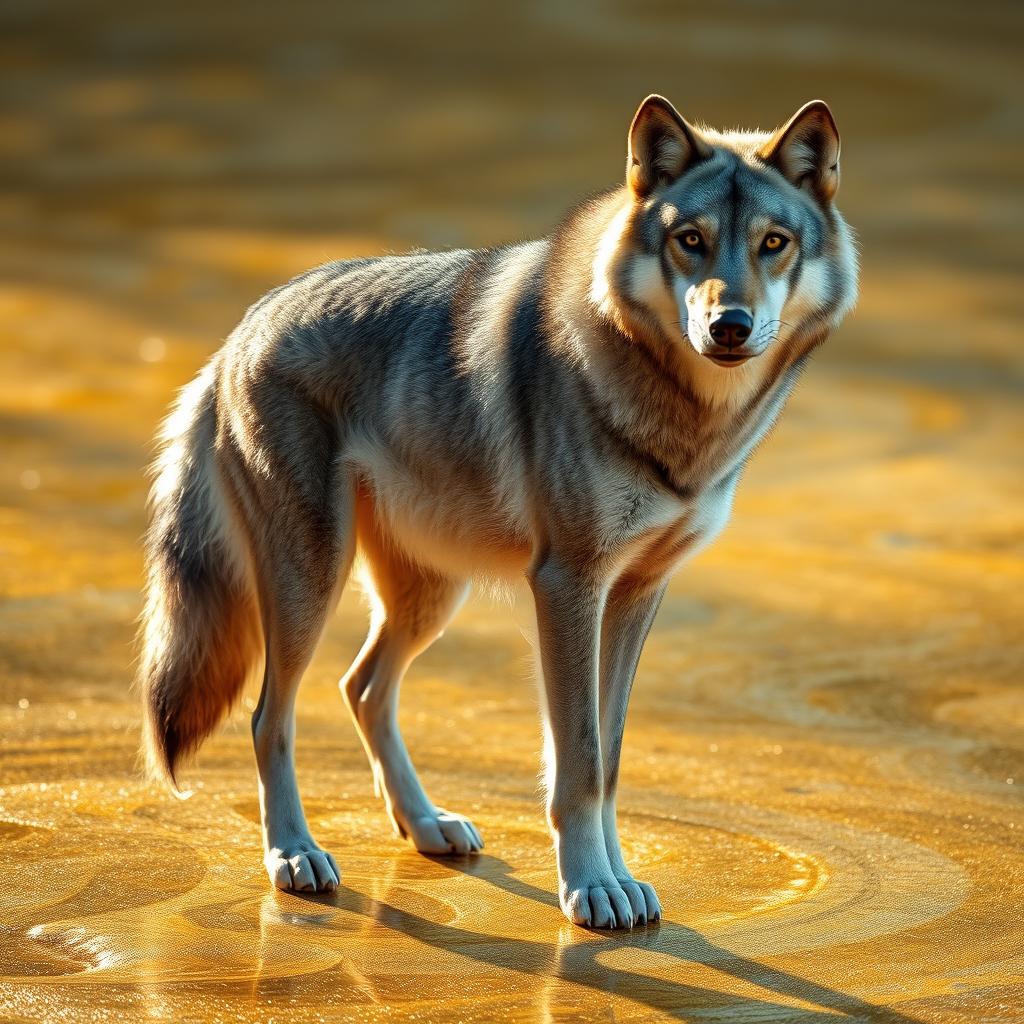 A majestic gray wolf standing proudly on a shimmering surface of gold, showcasing its muscular build and expressive features