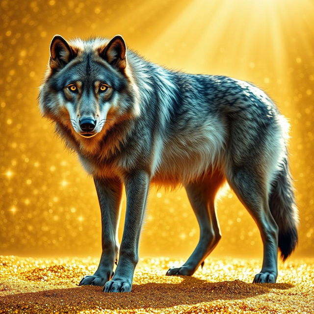 A majestic gray wolf standing confidently on a dazzling surface of gold, capturing its strength and beauty