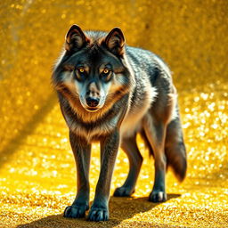 A majestic gray wolf standing confidently on a dazzling surface of gold, capturing its strength and beauty
