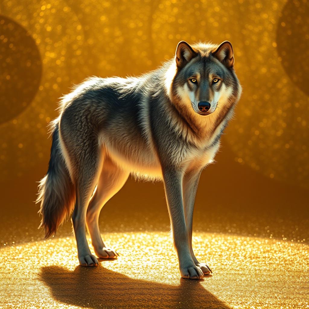 A majestic gray wolf standing confidently on a dazzling surface of gold, capturing its strength and beauty