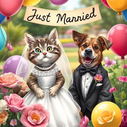 A whimsical wedding scene featuring a cat and a dog dressed in elegant wedding attire