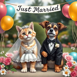A whimsical wedding scene featuring a cat and a dog dressed in elegant wedding attire