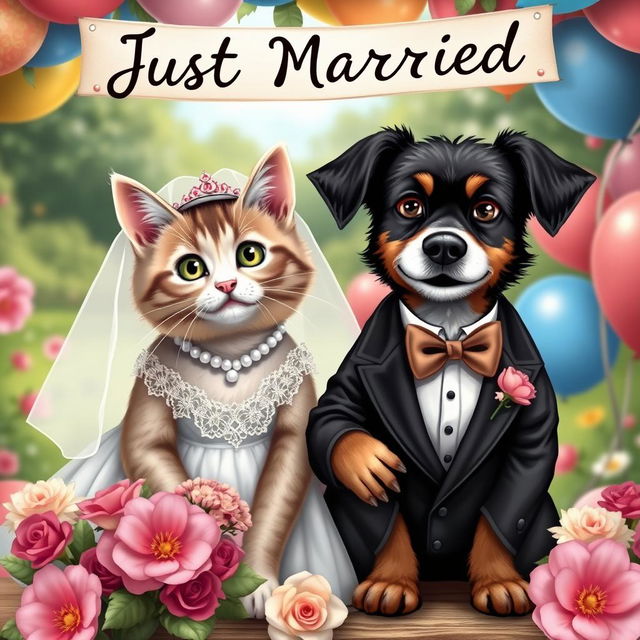 A whimsical wedding scene featuring a cat and a dog dressed in elegant wedding attire