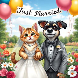 A whimsical wedding scene featuring a cat and a dog dressed in elegant wedding attire