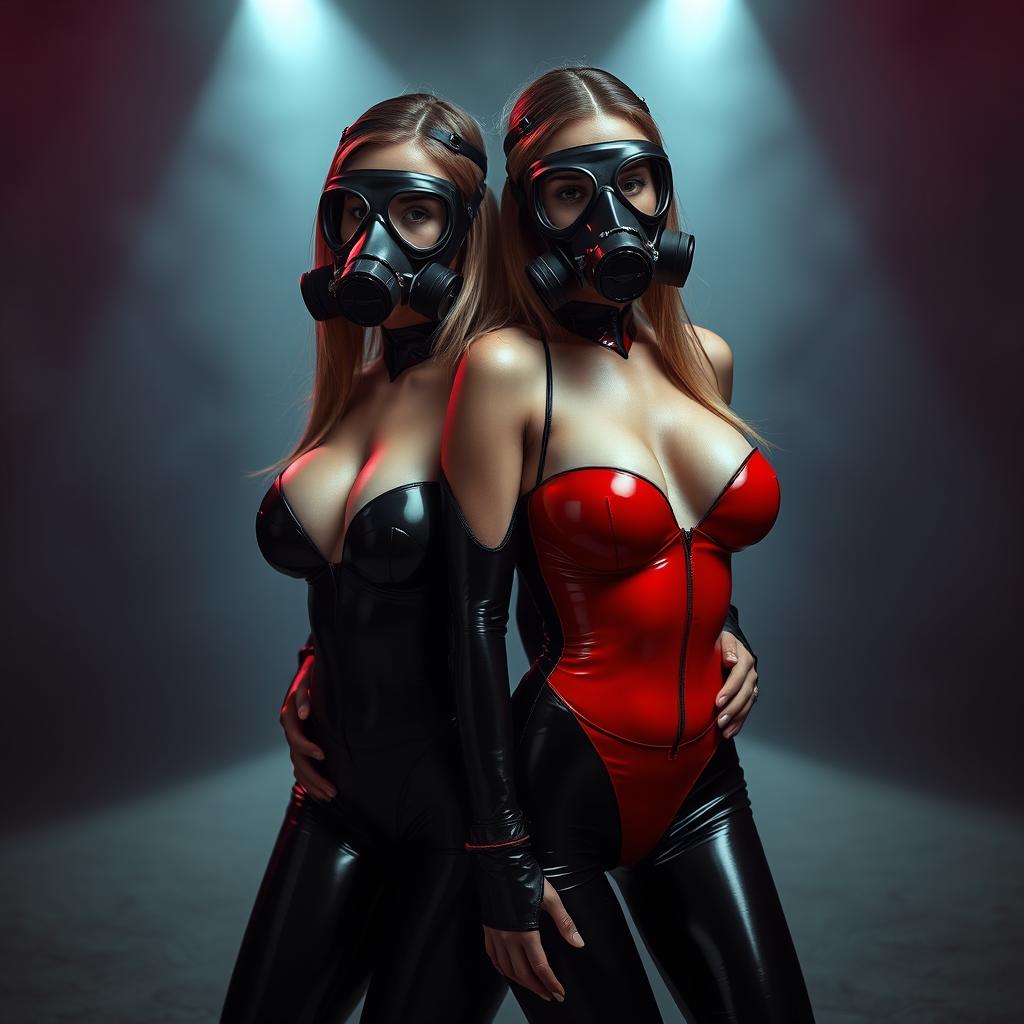Two attractive slim women with big breasts, styled in form-fitting, shiny black and red latex bodysuits