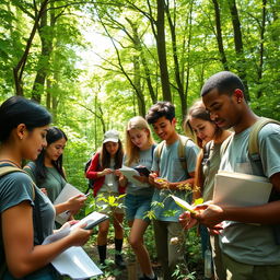 A group of biology students engaged in outdoor activities, practicing their studies by exploring a lush, green forest