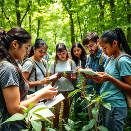 A group of biology students engaged in outdoor activities, practicing their studies by exploring a lush, green forest