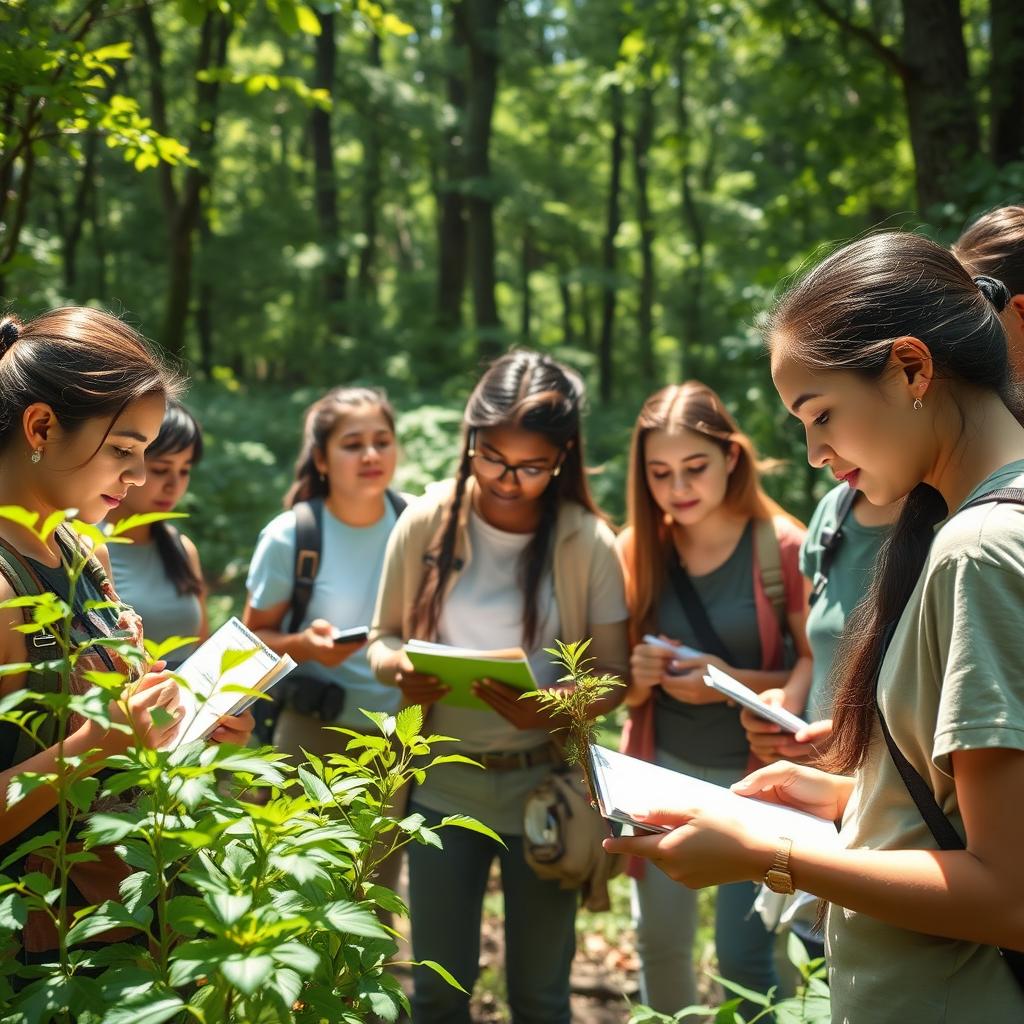 A group of biology students engaged in outdoor activities, practicing their studies by exploring a lush, green forest