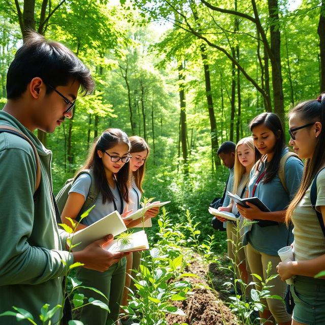 A group of biology students engaged in outdoor activities, practicing their studies by exploring a lush, green forest