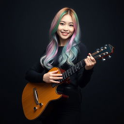 A beautiful Korean woman posing gracefully and attractively, standing full body facing the camera with a gentle smile while playing guitar