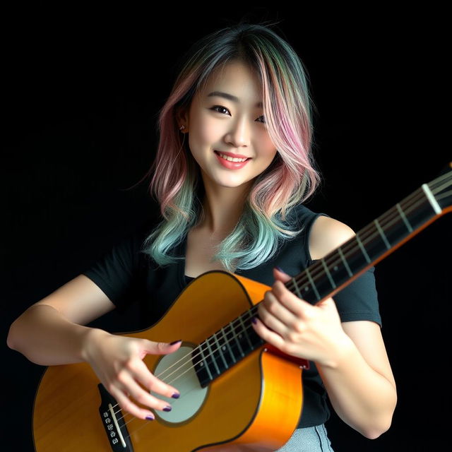 A beautiful Korean woman posing gracefully and attractively, standing full body facing the camera with a gentle smile while playing guitar