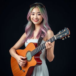 A beautiful Korean woman posing gracefully and attractively, standing full body facing the camera with a gentle smile while playing guitar