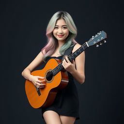 A beautiful Korean woman posing gracefully and attractively, standing full body facing the camera with a gentle smile while playing guitar