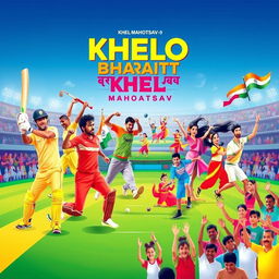 A vibrant and energetic poster for the 'Khelo Bharat Khel Mahotsav', showcasing various sports and cultural activities