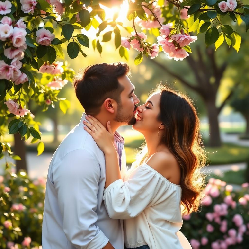 A romantic scene featuring a couple sharing a tender kiss in a beautiful outdoor setting, surrounded by lush greenery and blooming flowers