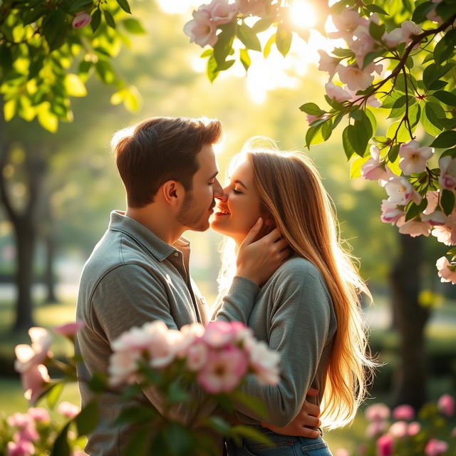 A romantic scene featuring a couple sharing a tender kiss in a beautiful outdoor setting, surrounded by lush greenery and blooming flowers