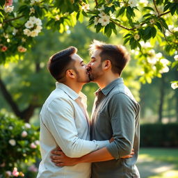 A romantic scene featuring a couple sharing a tender kiss in a beautiful outdoor setting, surrounded by lush greenery and blooming flowers
