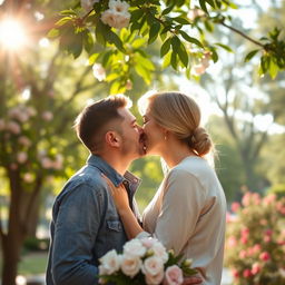 A romantic scene featuring a couple sharing a tender kiss in a beautiful outdoor setting, surrounded by lush greenery and blooming flowers