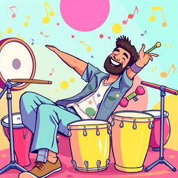 A relaxed man enjoying playing percussion instruments, illustrated in the colorful and whimsical style of the game Incredibox