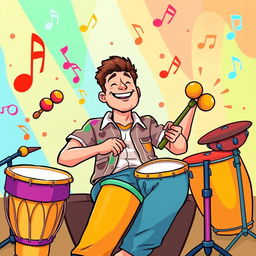 A relaxed man enjoying playing percussion instruments, illustrated in the colorful and whimsical style of the game Incredibox