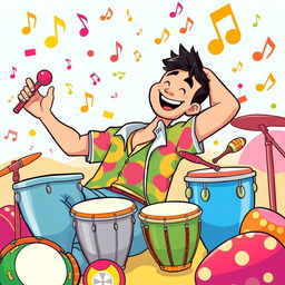 A relaxed man enjoying playing percussion instruments, illustrated in the colorful and whimsical style of the game Incredibox