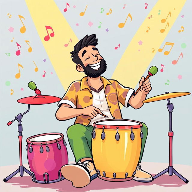 A relaxed man enjoying playing percussion instruments, illustrated in the colorful and whimsical style of the game Incredibox