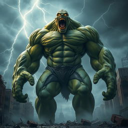 A massive, towering humanoid with green skin and a heavily muscular physique, featuring broad shoulders, rippling muscles, and visible veins on its arms and chest, exuding immense power