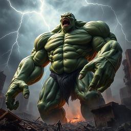 A massive, towering humanoid with green skin and a heavily muscular physique, featuring broad shoulders, rippling muscles, and visible veins on its arms and chest, exuding immense power