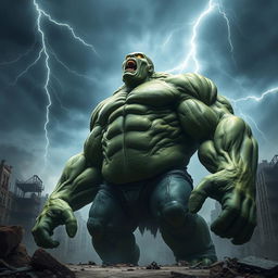 A massive, towering humanoid with green skin and a heavily muscular physique, featuring broad shoulders, rippling muscles, and visible veins on its arms and chest, exuding immense power