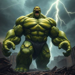 A massive, towering humanoid with green skin and a heavily muscular physique, featuring broad shoulders, rippling muscles, and visible veins on its arms and chest, exuding immense power