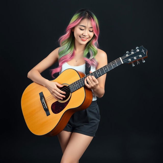 A beautiful Korean woman gracefully posing and smiling gently while playing the guitar, standing in a full body shot