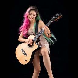 A beautiful Korean woman gracefully posing and smiling gently while playing the guitar, standing in a full body shot
