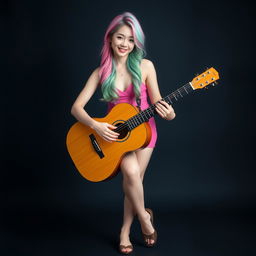 A beautiful Korean woman gracefully posing and smiling gently while playing the guitar, standing in a full body shot