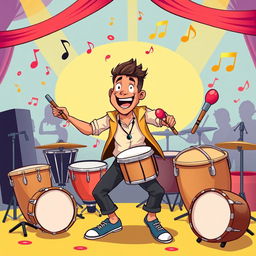 A lively illustration of a man energetically playing percussion instruments, depicted in the fun and colorful style of the game Incredibox