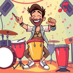 A lively illustration of a man energetically playing percussion instruments, depicted in the fun and colorful style of the game Incredibox