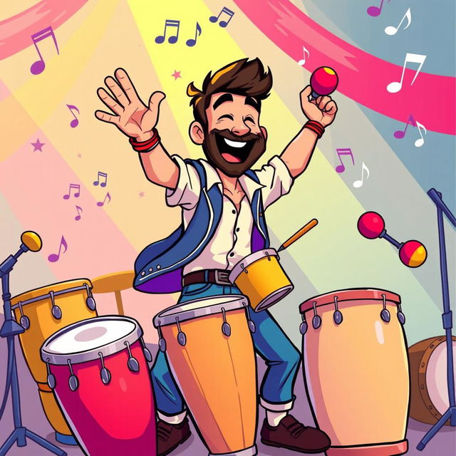 A lively illustration of a man energetically playing percussion instruments, depicted in the fun and colorful style of the game Incredibox