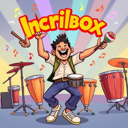 A lively illustration of a man energetically playing percussion instruments, depicted in the fun and colorful style of the game Incredibox