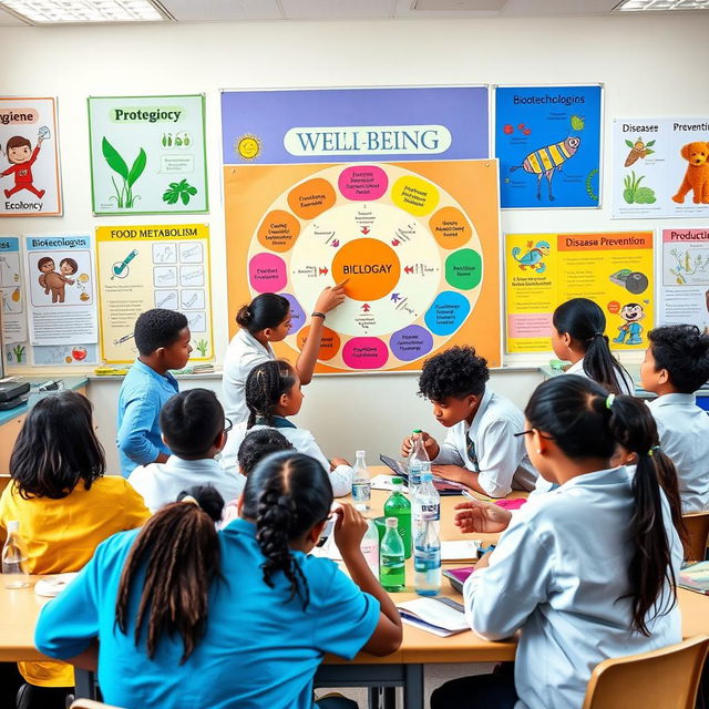 A vibrant classroom scene where students actively engage in learning about biological concepts and their impact on well-being