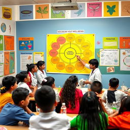 A vibrant classroom scene where students actively engage in learning about biological concepts and their impact on well-being